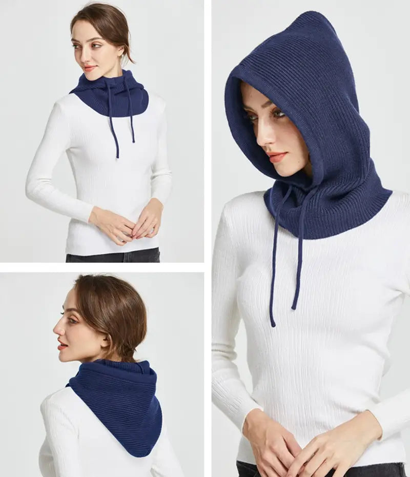 Balaclava femeie țesută a stil, knit blue tricot femei confortabil, cu protecție completă pentru cap și gât.