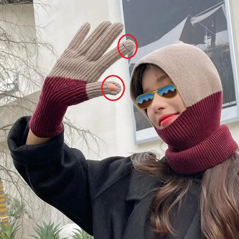 Burgund zâmbind femeie asortată în piele balaclavă în tonuri de bej și îmbrăcăminte de femeie cu două tonuri mănuși de lână Mănușile de lână pentru femei au zone tactile pentru degete, ideale pentru utilizare practică cu ecrane pe timp de iarnă.